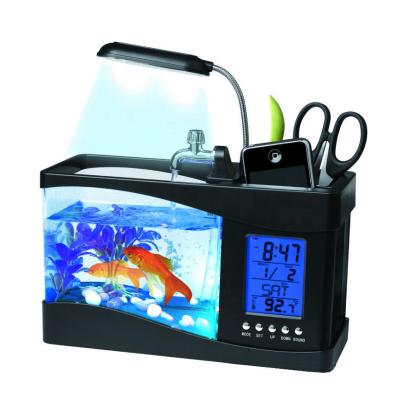 China Hot Selling USB Viable Mini Desktop Aquarium Fish Tank with Clock and Pen Holder for sale