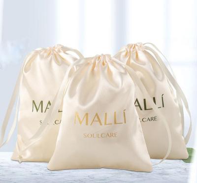 China Durable Custom Wholesale Custom Logo Printed Small Silk Satin Drawstring Bags Packaging Pouch For Hair for sale