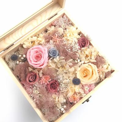 China Wholesale Colorful Real Natural Eternal Eternal Flower Decor Dried Forever Floral Eternal Preserved Roses Wooden Box for sale