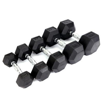 China Rubber Coated Steel Power Training Equipment Gym Cast Steel Weights Rubber Coated Dumbells In Books Hexagon Hex Dumbbell Set for sale