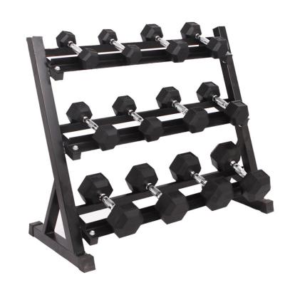 China New Modern Hexagonal Rubber Fixed Cast Gymnasium Three-Layer Dumbbell Set Rack Commercial View for sale