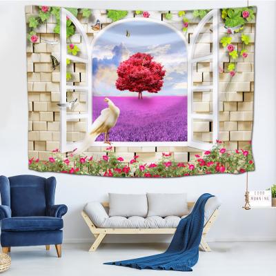 China Jacquard Maker Custom Window View 3D Digital Tapestry Printing Landscape Tapestry for sale