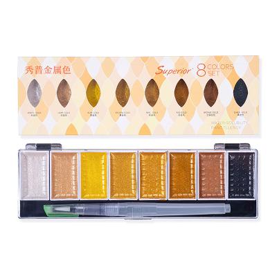 China Glitter Solid Water Color 8 Color Portable and Lightweight Metallic Color Boxed Solid Watercolor Paint Pigment with 1 Water Brush for sale