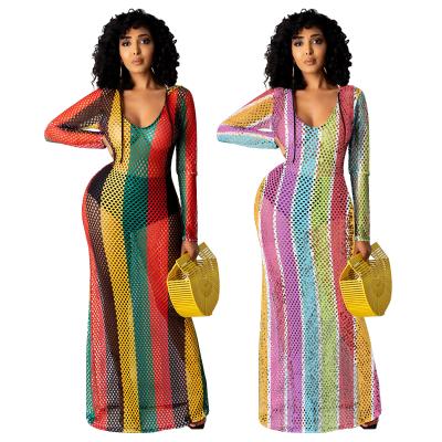 China 2021 New Arrivals Fashion Style Color Block Breathable Mesh Perspective Women Beach Maxi Dresses for sale