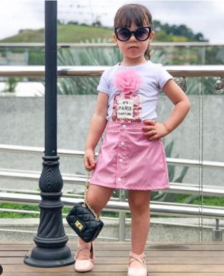 China Wholesale Comfotable Girl Clothes Cute Toddler Kids Dressing Sets Baby Clothes Short Sleeve White T-shirt +Mini PU Skirt Kids Clothing for sale