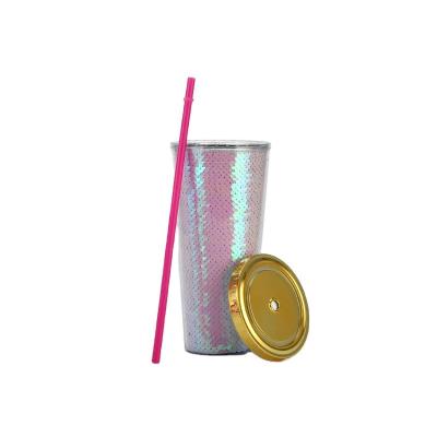 China Double Layer Stocked Border Plastic Mug Custom Logo Glitter Cold Straw Cup Summer Drink Mug for sale