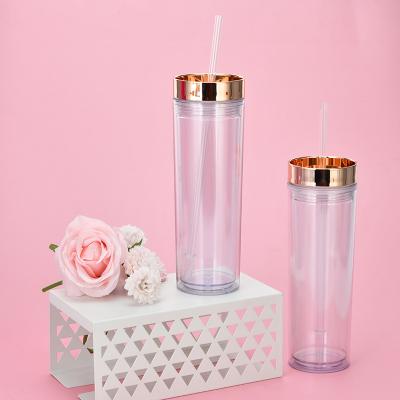 China Hot Selling Single Stocked Straight Cup 16oz Straw Transparent Plastic Cup With Rose Gold Lid Water Bottle for sale