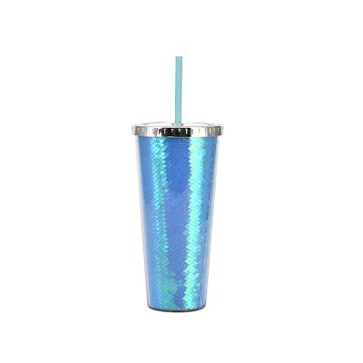 China New Stocked Double Layer Plastic Cup With Glitter Custom Summer Logo Straw Cold Drinks Cup for sale