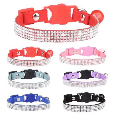 China 2021 New Rhinestone Pet Comfort Collar Stocked Bell Safety Clasp Hanging Dog Collar Shiny Soft Cat Collar for sale