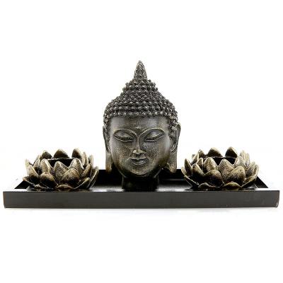 China Home Decor Lotus Tea Light From Europe Sympathy Gifts Lotus Figurines Tealight Candle Holder With Buddha Head Sculpture Display Tray for sale