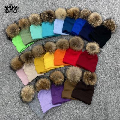 China JOINT Multi Colors Simple Neon Women's Factory Acrylic Janefur Hat Knit Real Winter Fur Pompom Beanie for sale