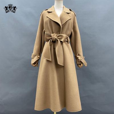 China Long Real Wool Breathable Warm Trench Coat With Belt Fashion Ladies Sheep Winter Genuine Wool Woman Coat for sale