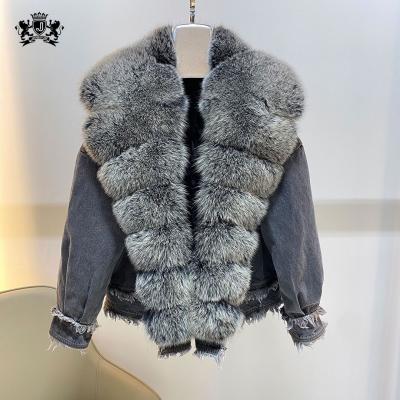 China New Arrival Janefur Anti-Shrink Down Trim Women's Real Fox Fur Crop Denim Jacket Coat Women's Jeans Jacket for sale