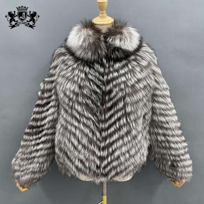 China Breathable Fashionable Luxury Diagonal Stripe Ribbon Fox Fluffy Fur Coat Janefur For Women for sale