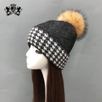 China New Designer Winter Women Houndstooth COMMON Hat Real Raccoon Fur Pompom Wool Hats Knitted Fur Beanies for sale