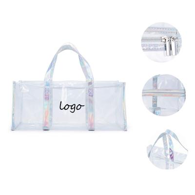 China Holographic Clear Logo Fleece Travel Waterproof Bag Fashion Outdoor Transparent Weekender Duffle Waterproof Custom Luggage Bag for sale