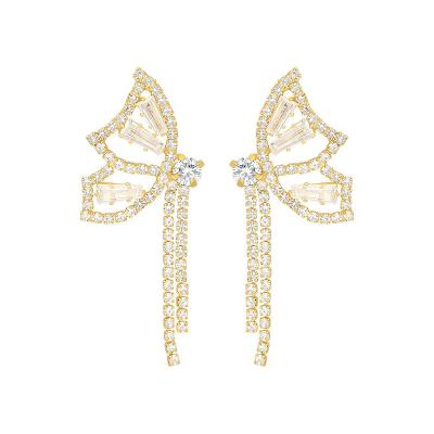 China 2022 925 FASHIONABLE Korean Hypoallergenic Shiny Silver Needle Rhinestone Butterfly Tassel Drop Earrings For Women for sale