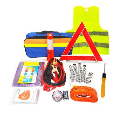 China Easy to Carry Car Emergency Kit 12pcs Car Kit with Jumper Cables Warning Triangle Tow Rope Service Hammer Auto Road Safety Kit for Truck RV for sale