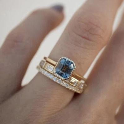 China Three Pieces Of New Fashion Environmentally Friendly Women Set Gold Plated Inlaid Aquamarine Crystal Ring Accessories Jewelry for sale