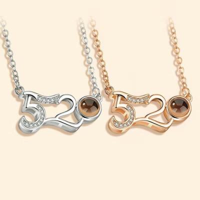 China Romantic Love Memory Necklace 100 Languages ​​I Love You Projection 520 Pendant Necklace Environmentally Friendly Zircon Female for sale