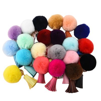 China Fashion Women 8CM Rabbit Fur Ball Pom Pom Keychain Fashion Pendant Key Chain Eco-friendly Tassel Leather Car Wholesale for sale