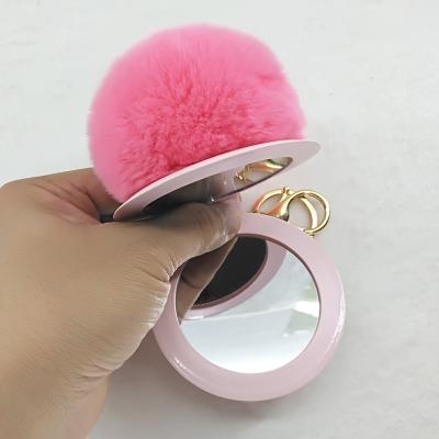 China Hot Selling Pom Pom Keychain Luxury Rabbit Fur Key Chain Souvenir Gifts Promotion Product With Mirror for sale