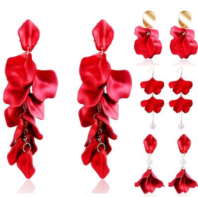 China Punk Exaggerated Long Fashion Tassel Earrings Red Rose Flower Petal Pendant Earrings For Women for sale