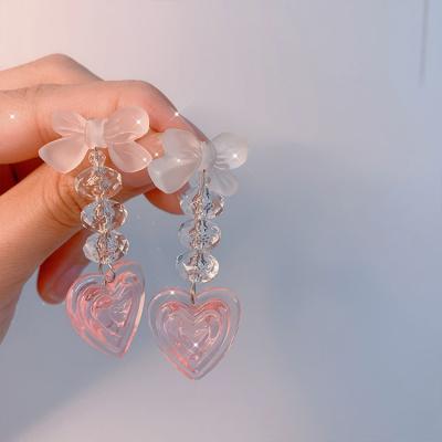 China Sweet Cute Korean Punk Styles Girls Lace Heart Stud Earrings Crystal Long Bowknot Earrings Love for sale