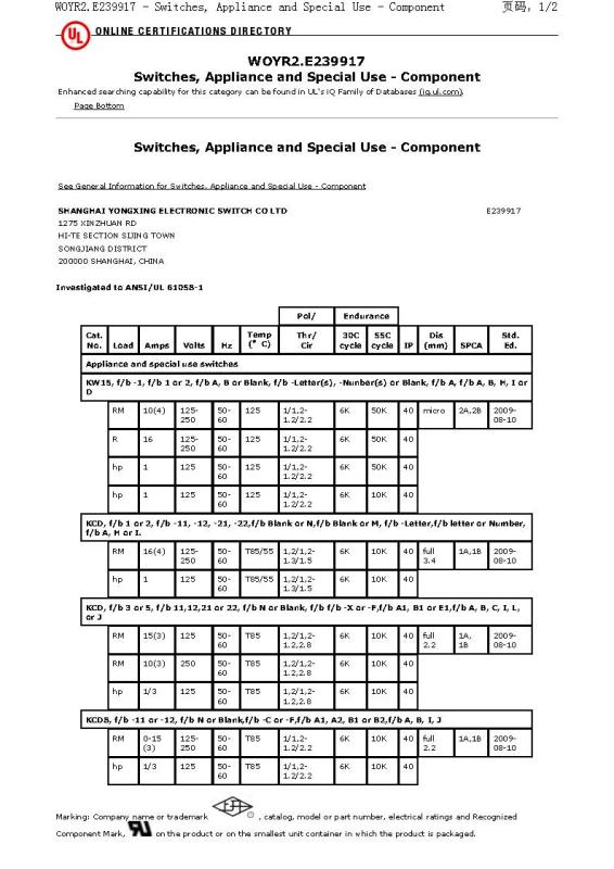 UL - Shanghai Yongxing Electronic Switch Co., Ltd.