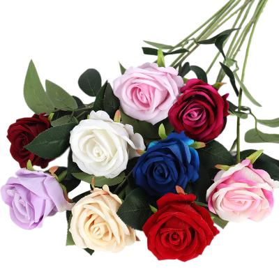 China Hot Selling Mother's Day Artificial Flowers Picks Long Stem Velvet Rose Silk Roses For Wedding Home Decoration for sale