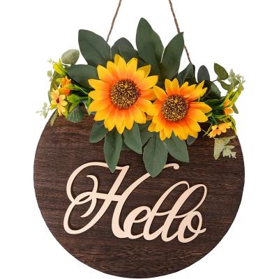 China Wedding Wholesale Wooden Artificial Sunflower Rose Flower Wreath Welcome Sign Door Sign Dish for Front Door Home Weeding for sale