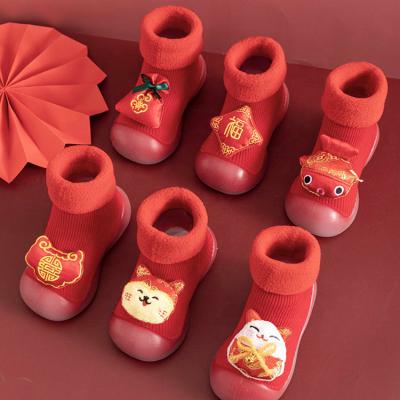 China Anti-skid children's red rubber sole lace cute animal pattern casual shoes and thick baby socks unisex shoes for sale