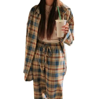 China New cotton frosted leisure sleeve pants of autumn and winter women's QUICK DRY pure pajamas long plain plaid suit can be used outside the home for sale