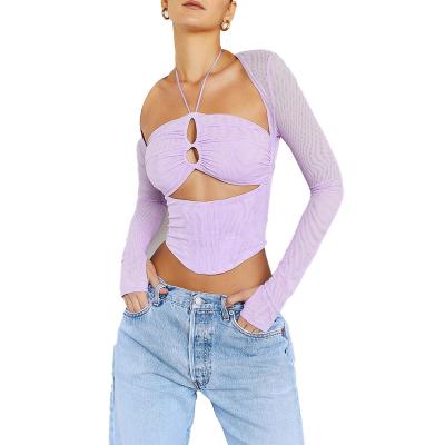 China Breathable Customize  women's summer clothing  purple  long sleeve  sexy hollow out  mesh crop top    women's  tank top for sale