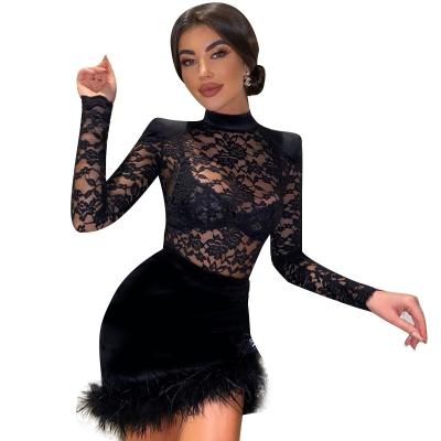 China Breathable Customize Summer plus size women clothing long sleeve sexy mini feather skirt  lace  dress women evening  dresses for sale