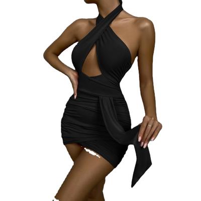 China Anti-Static Custom/Wholesale Summer Clothing 2023 Woman Sexy cross halter neck cut-out tight fit ruched Mini Bodycon dress for sale