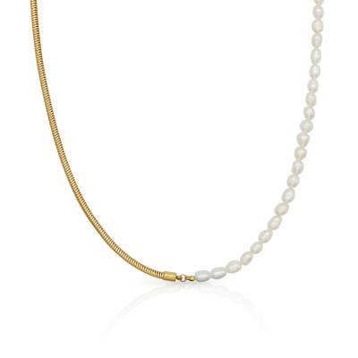 China TRENDY Chris April PVD Gold Plated 316L Stainless Steel Bohemian Style Half Cultured Freshwater Pearl And Round Snake Chain Necklace for sale