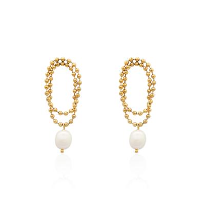 China TRENDY Chris April Fashion Jewelry 316L Stainless Steel PVD Gold Plated Real Baroque Pearl Beads Chain Earrings for sale