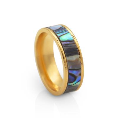 China Vintage Chris April In Stock Fashion Jewelry 316L Stainless Steel PVD Gold Plated Natural Black Shell Ring for sale