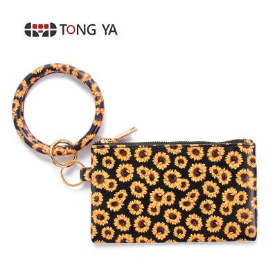 China Waterproof Wholesale Cactus Print Coin Purse Pouch Key Chain Bag Sunflower Bracelet Key Chain Wallet Purse Wristlet Bag for sale