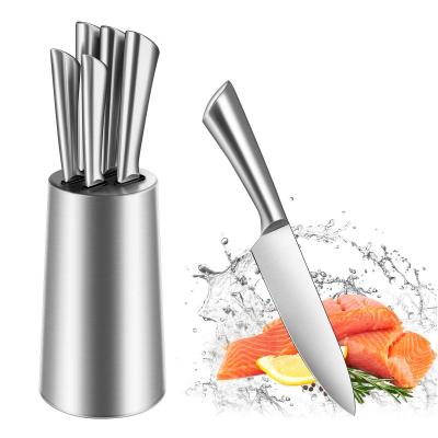 China 2021 Disposable Professionals New Stainless Steel 5 Pieces Of Handle Hollow Knife Set With Stainless Steel Block for sale