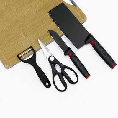 China Yangjiang Disposable Kitchen Knife Set Non Slip Grasp Black Coating Blade Cut Cleaver Knife Scissors Set for sale