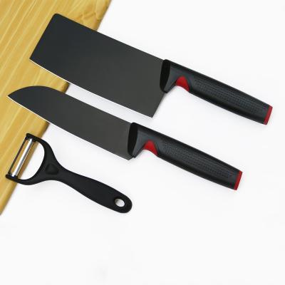 China Yangjiang Disposable Kitchen Knife Set Non Slip Handle Blade Cleaver And Santoku Knife Black Coating Set for sale