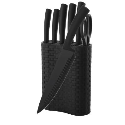 China Professional New Design Black Coating Blade TPR Handle Disposable 7 Pieces Kitchen Knife Set With PP Block for sale