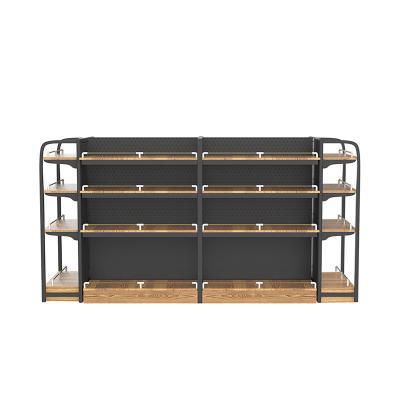 China HT Powder Double Sided Coating Supermarket Shelving Gondola Customized Display Racks Supermarket Wood Grain Shelves for sale