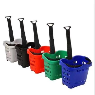 China Wholesale Durable HT Supermarket Rolling Hand Durable Plastic Shopping Basket With Wheels for sale