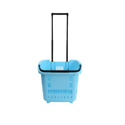 China Durable HT Trolley Size Custom Plastic Wheel Supermarket Shopping Basket With Handle for sale