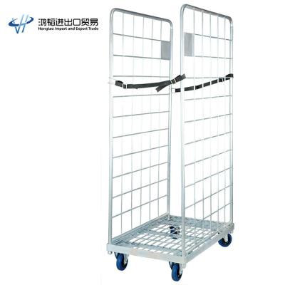 China HTSupermarket Durable Equipment 2 Sides Teardown Steel Wire Mesh Roll Container Warehouse Roll Cage Trolley for sale