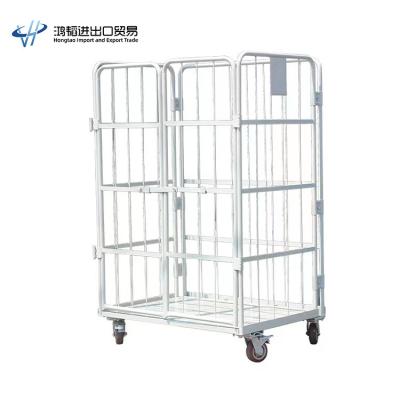 China HT Factory Price Durable Wholesale Powder Coated Steel Wire Roll Heavy Duty Container Storage Cage Trolley for sale