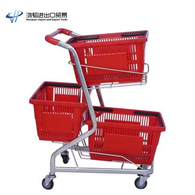 China Durable HT Customized Design Store Mall Three Basket Supermarket Shopping Trolley Trolley For Sale for sale